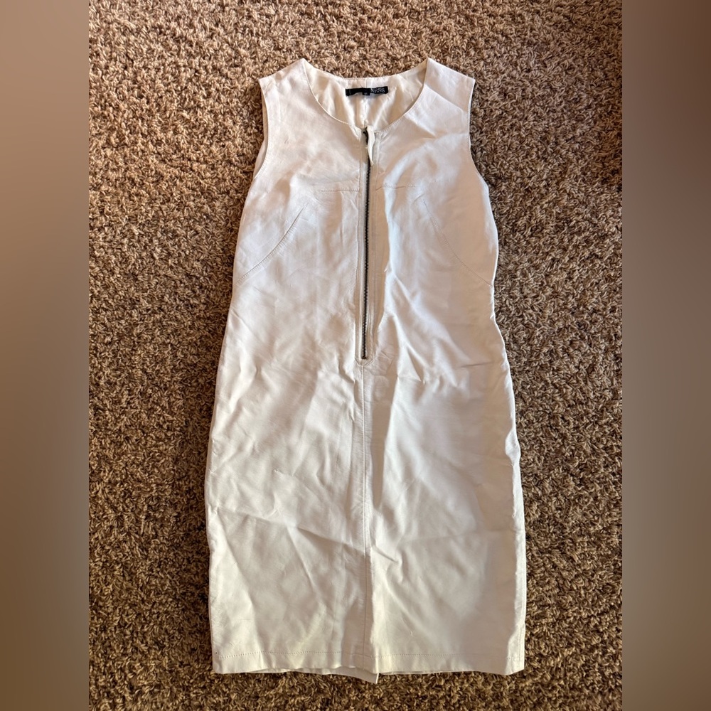 White Leather Midi Dress with Front Zipper Detail